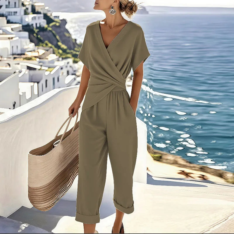 FREYA | Set Din Țesătură Ușoară Cu Top Petrecut și Pantaloni Crop