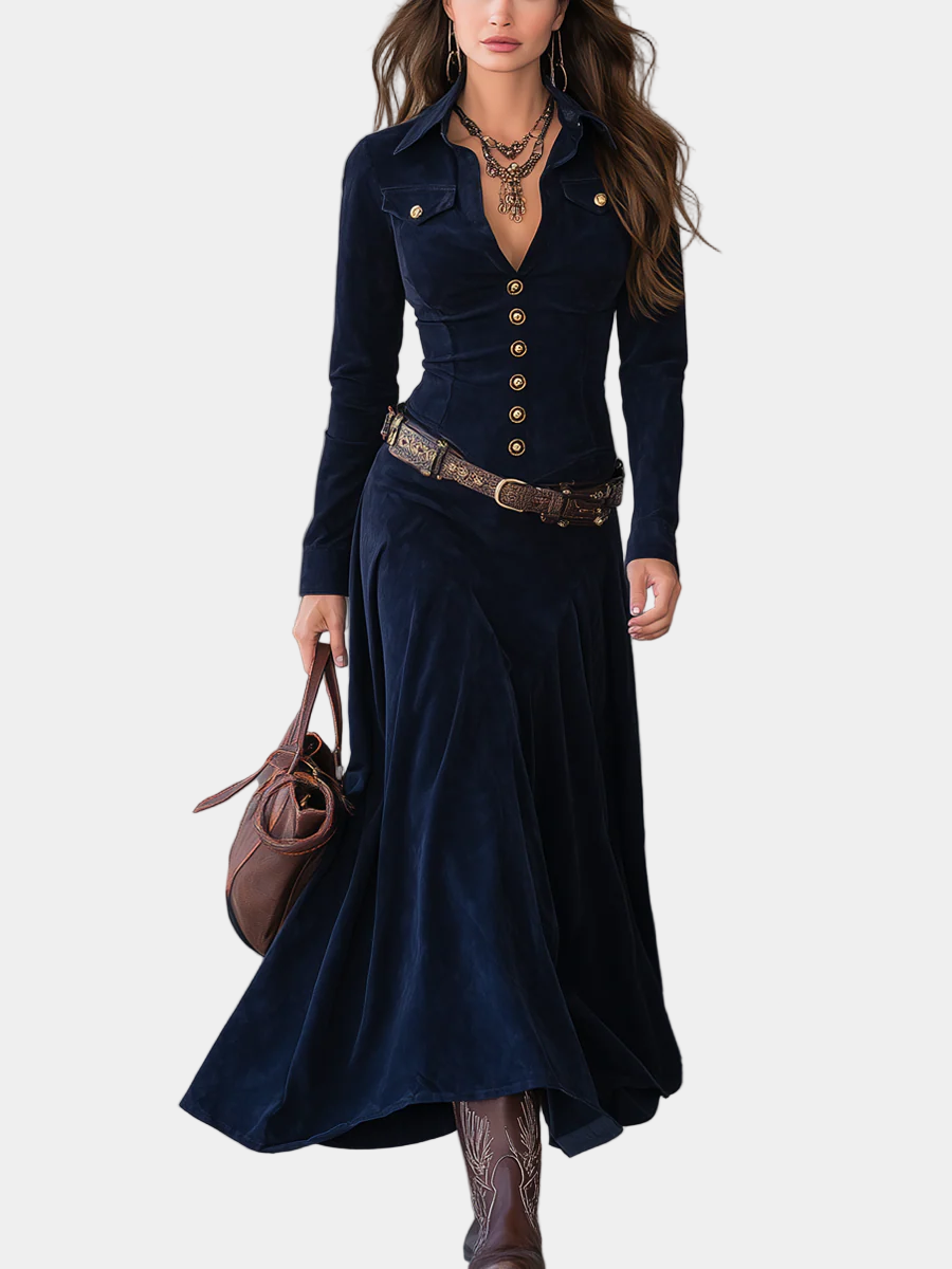 CRISTINA | Rochie lungă din suede cu guler înalt