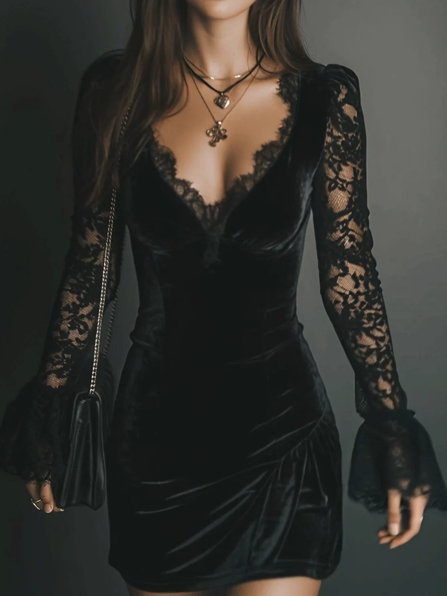 EFTALIA | Rochie mini din catifea cu dantelă