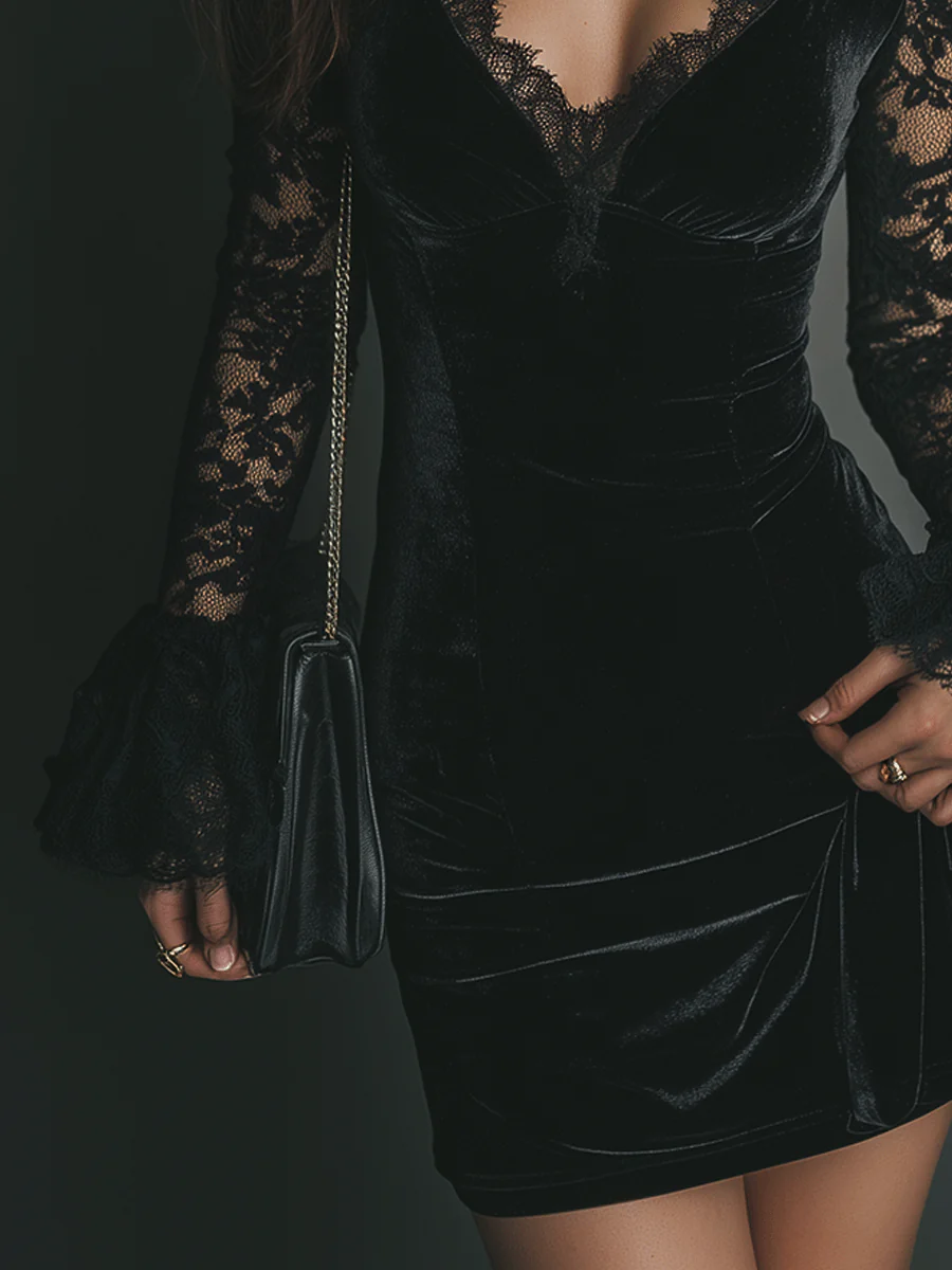 EFTALIA | Rochie mini din catifea cu dantelă