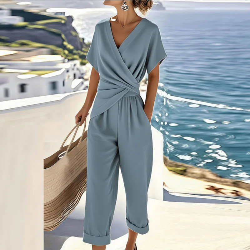 FREYA | Set Din Țesătură Ușoară Cu Top Petrecut și Pantaloni Crop