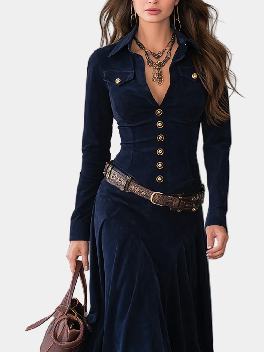 CRISTINA | Rochie lungă din suede cu guler înalt