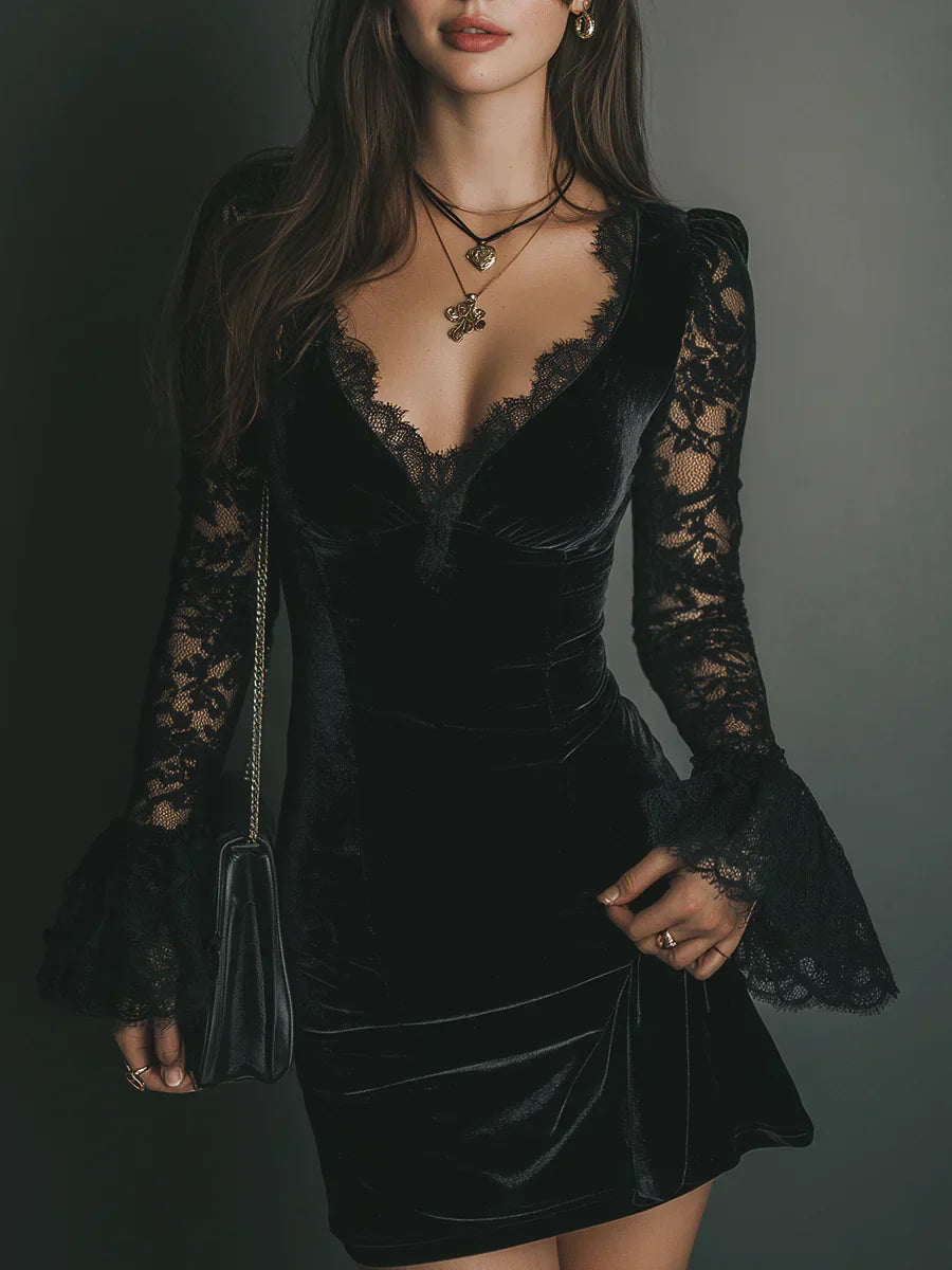 EFTALIA | Rochie mini din catifea cu dantelă