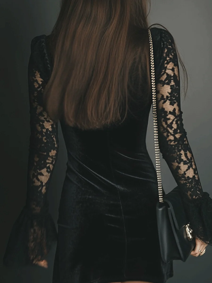 EFTALIA | Rochie mini din catifea cu dantelă